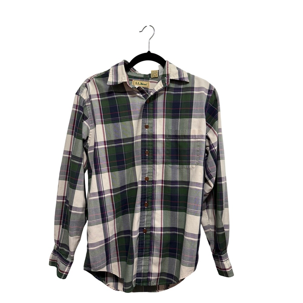 Vintage 90s L.L. Bean Mens S Plaid Button Down Shirt Green Navy Y2K Long Sleeve